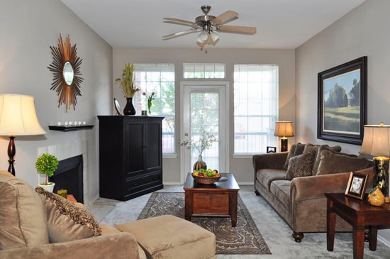 Champion Lake Apartments Beautiful Living Room, Fireplace Included, Backdoor Leading to Porch