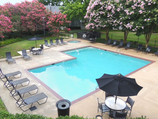 Pier Landing Apartments overhead view of full pool with lots of pool side lounge chairs and beautiful trees
