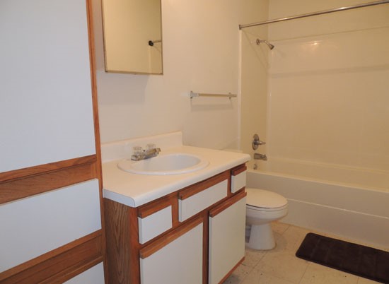 Fox Creek apartments modern model bathroom with lots of storage space