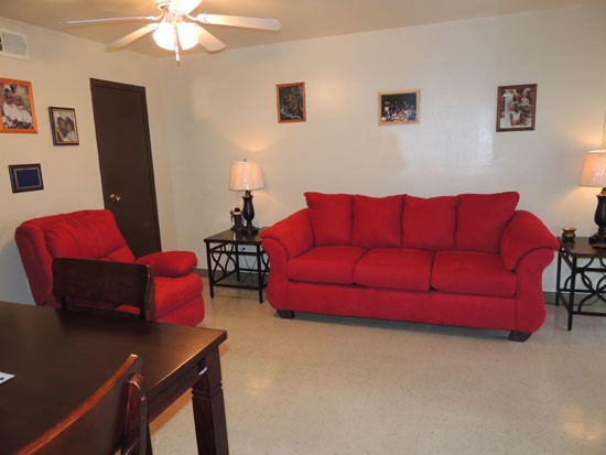 La Tierra Apartments interior of apartment looking at model living room area